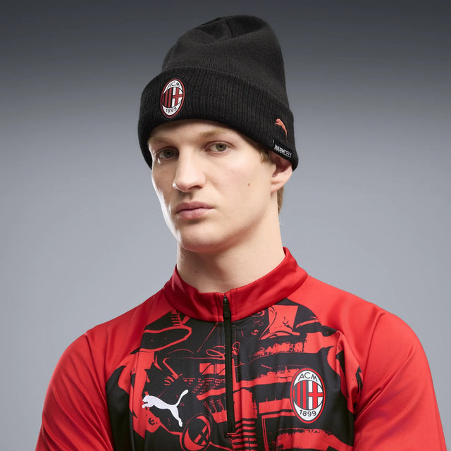 Puma AC Milan Essentials beanie, Black / Red colourway - worn