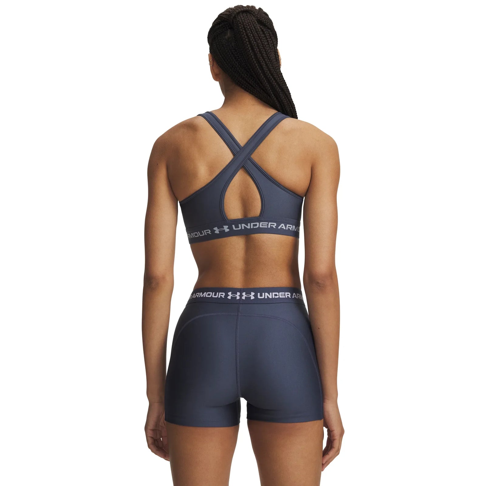 UA Crossback Mid women's sports bra Downpour Gray / Blue Fog - back