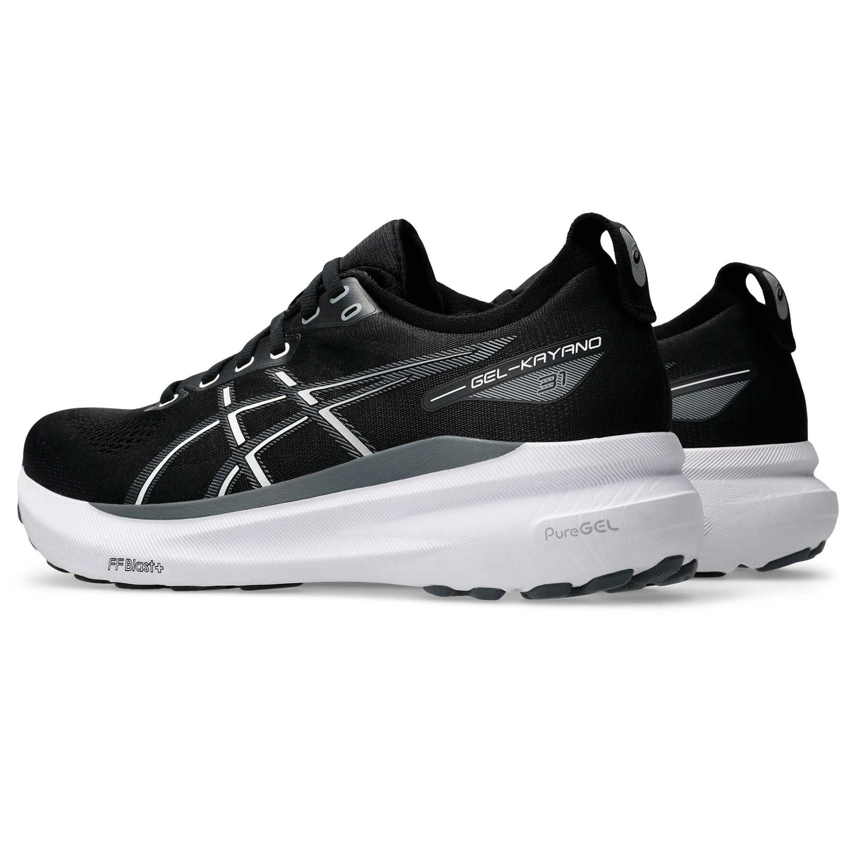 ASICS Gel-Kayano 31 souliers de course homme lateral paire - noir / blanc