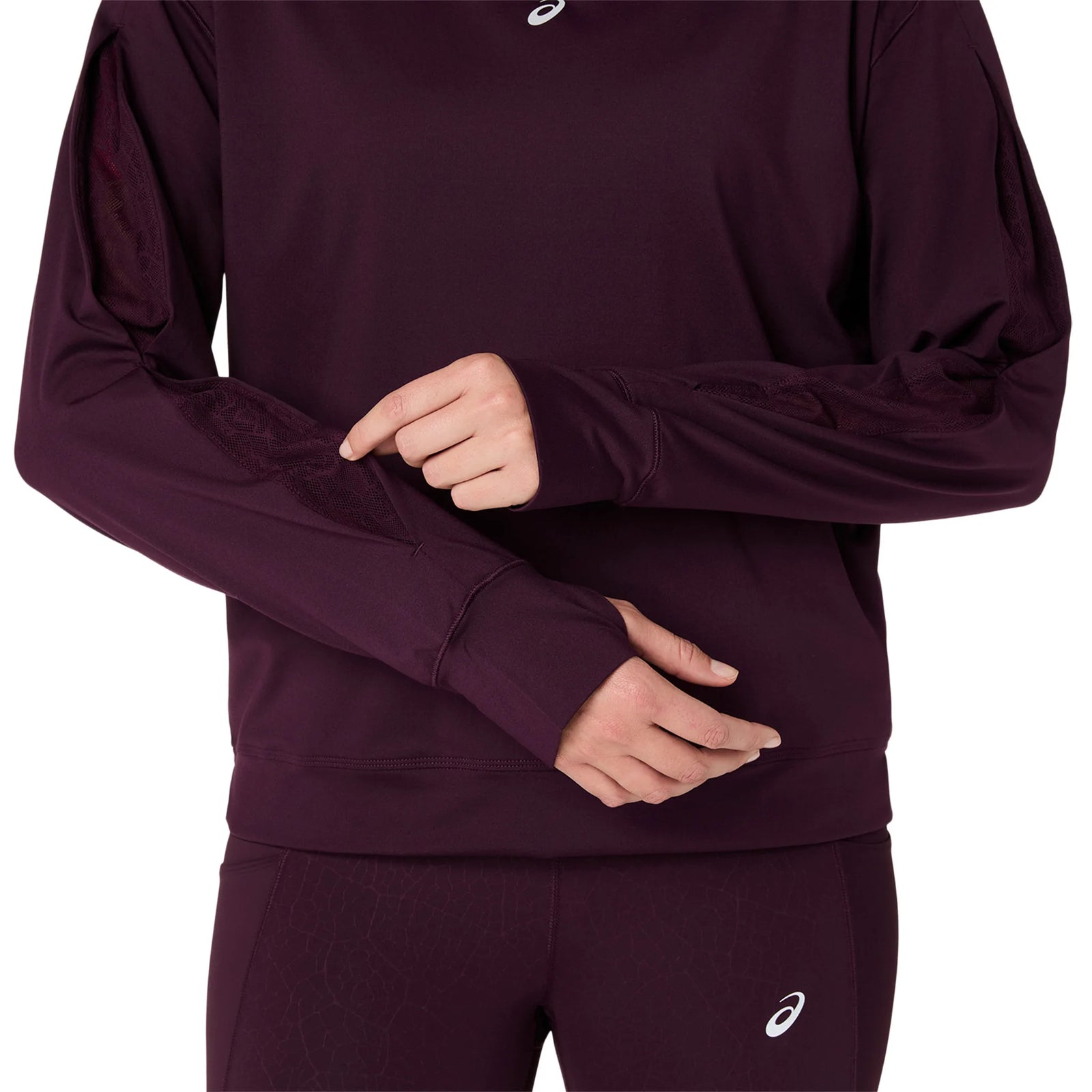 Chandail à capuchon de course ASICS Nagino Run Winter pour femme, coloris Indigo Fog — gros plan sur un détail (2)