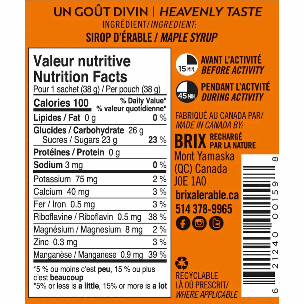 Brix 38G à l'érable gel énergétique pour sportifs - Érable