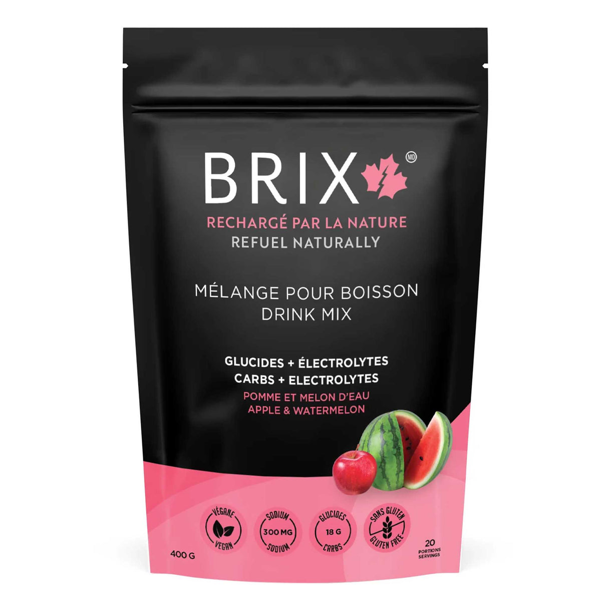 Brix boissons énergétique à l'érable avec électrolytes pomme et melon d'eau