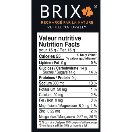 Brix boissons énergétique à l'érable avec électrolytes - tableau valeurs nutrituves