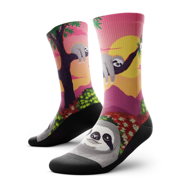 Outway Lazy Head Crew unisex running sock - Pink / Green - pair, three-quarter view