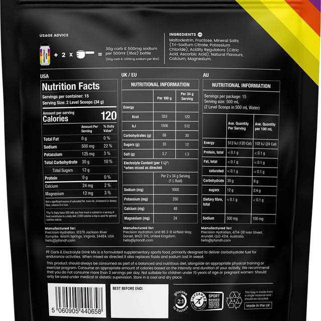 Precision Fuel & Hydration Carb & Electrolyte Drink Mix - bag, back view