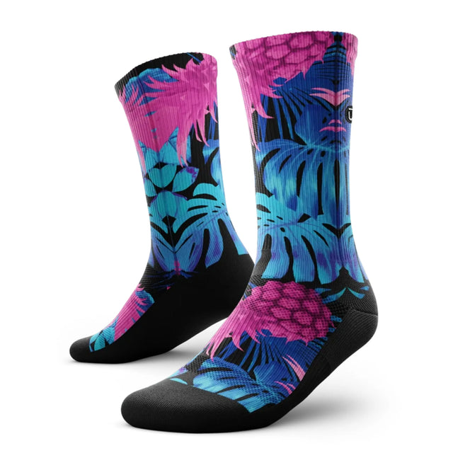 Outway Tropic Like It's Hot Crew unisex running sock - Pink / Blue - pair, three-quarter view