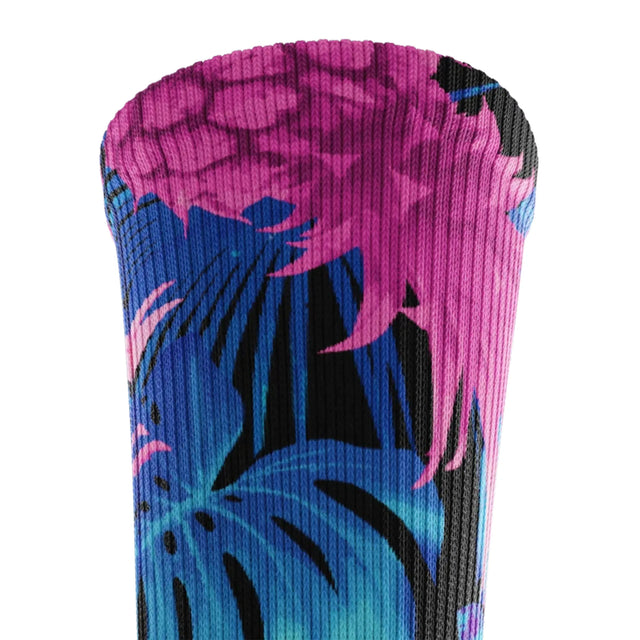 Outway Tropic Like It's Hot Crew unisex running sock - Pink / Blue - cuff close-up