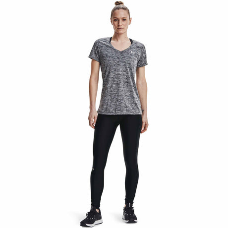 UA Tech Twist T-shirt col en V femme face- Noir / Argent métallique