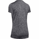 UA Tech Twist T-shirt col en V femme dos- Noir / Argent métallique
