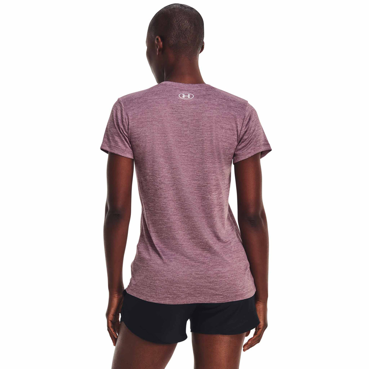 UA Tech Twist T-shirt col en V femme dos- Pourpre brumeux/ Blanc / Argent métallique