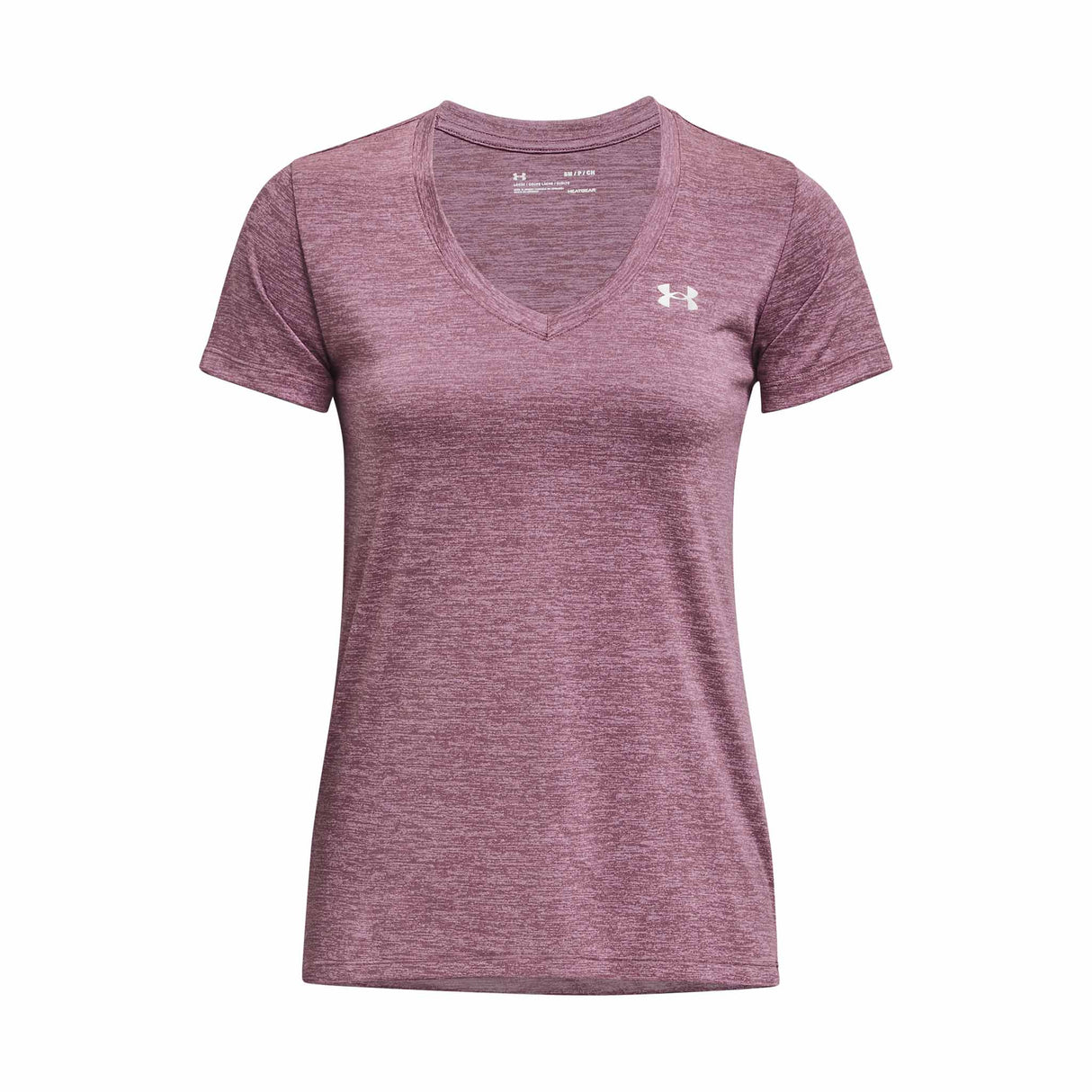 UA Tech Twist T-shirt col en V femme face- Pourpre brumeux/ Blanc / Argent métallique