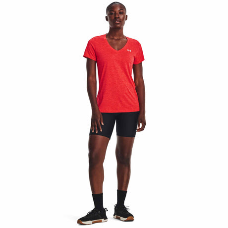 UA Tech Twist T-shirt col en V femme face-Bêta / Grenade / Argent métallique