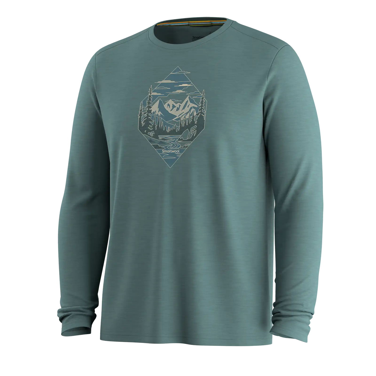 Smartwool Wander Valley men's merino wool long-sleeve graphic tee in dusty teal — additional view