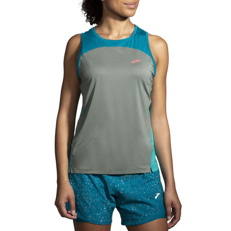 Brooks Sprint Free Tank 2.0 camisole de course femme face -Dark Pebble/Lagoon/Nile Green