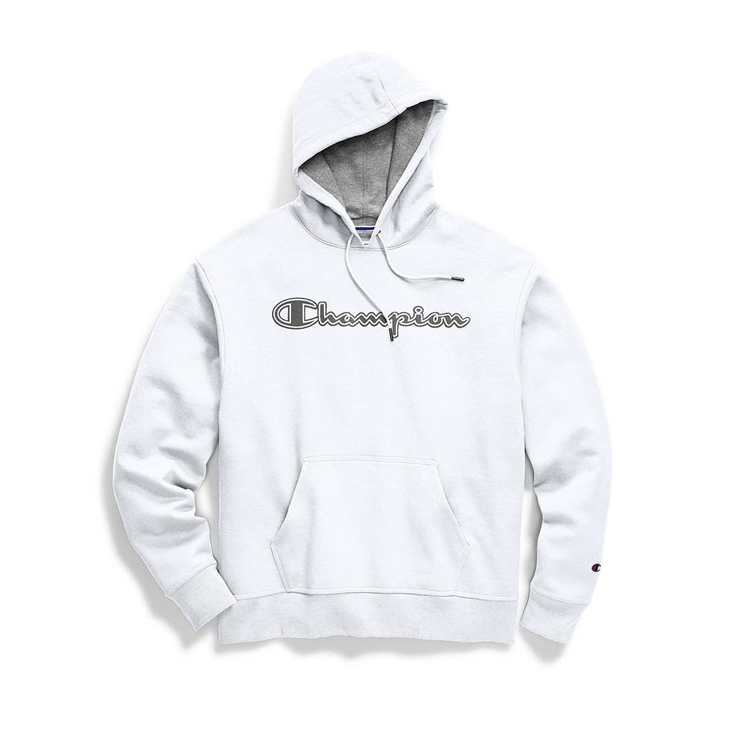 Champion Powerblend Applique Hoodie sweatshirt a capuche blanc avec logo pour homme