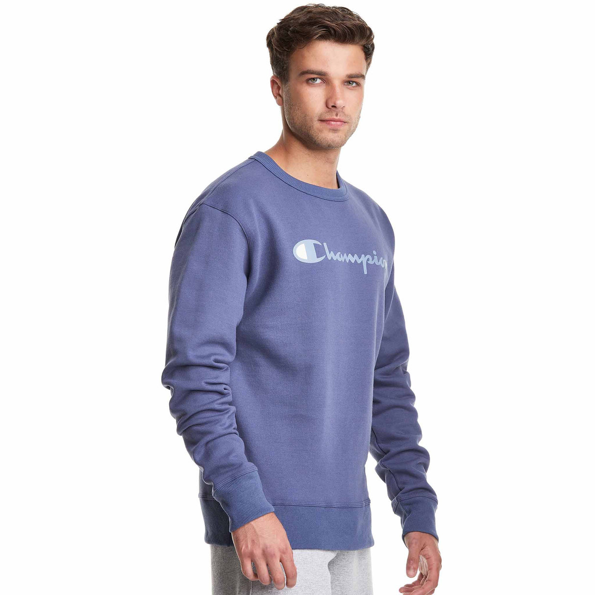 Champion Powerblend Graphic Crew Script Logo sweatshirt pour homme - Classic Sky Blue - côté