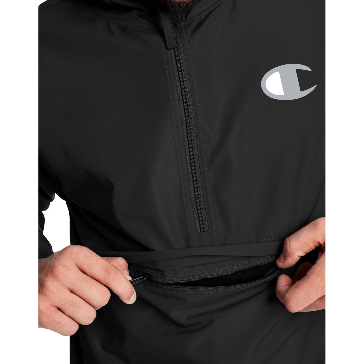 Champion Stadium Packable Jacket manteau de pluie a enfiler noir pochette