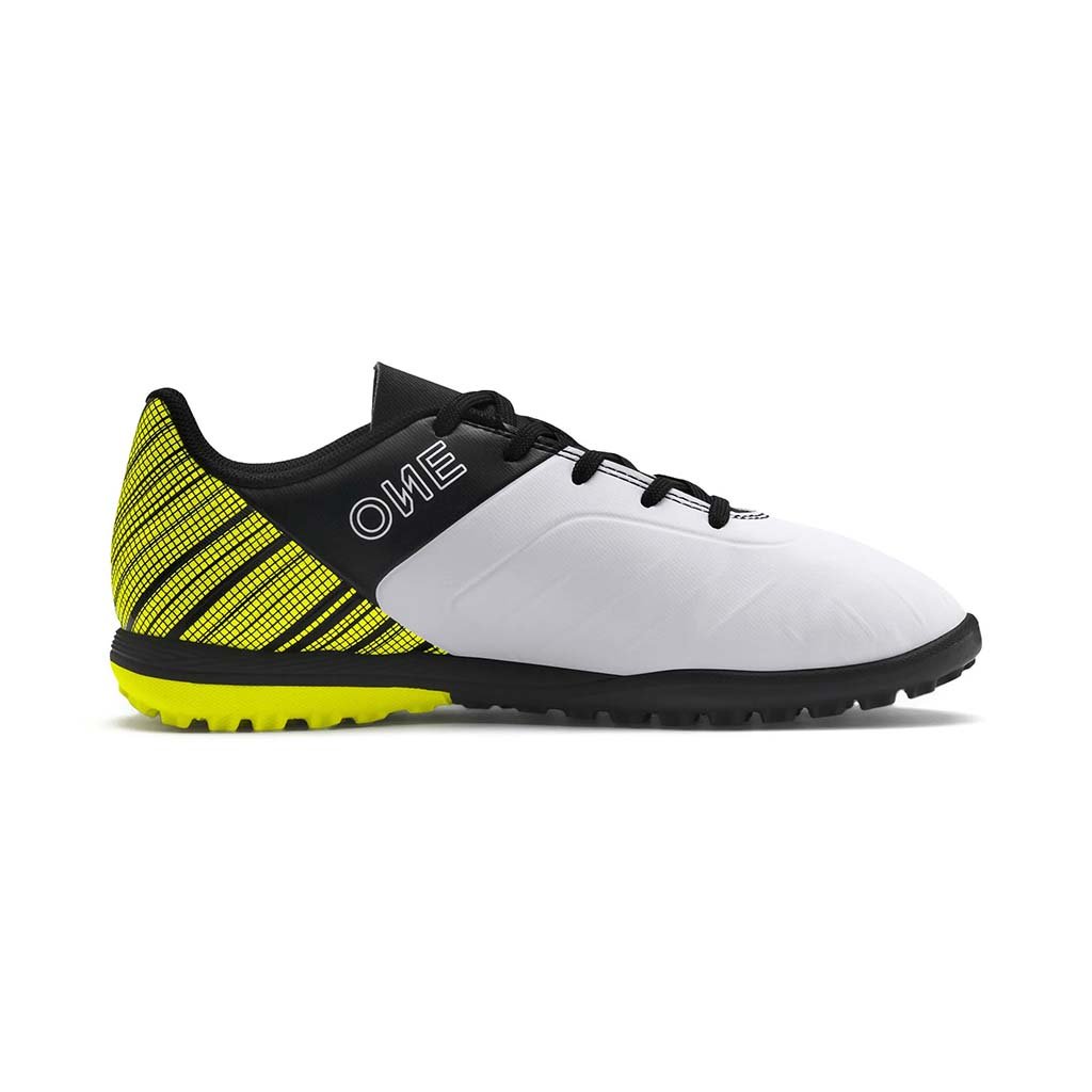 Puma One 5.4 TT chaussure de soccer turf synthetique junior blanc noir jaune lv