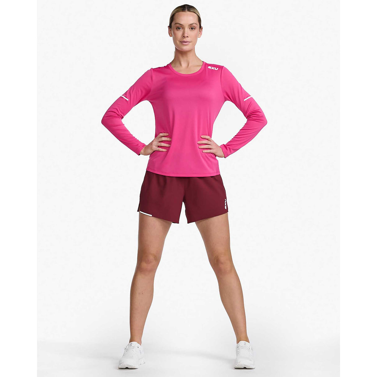 2XU Aero chandail à manches longues fuchsia blanc réfléchissant femme face