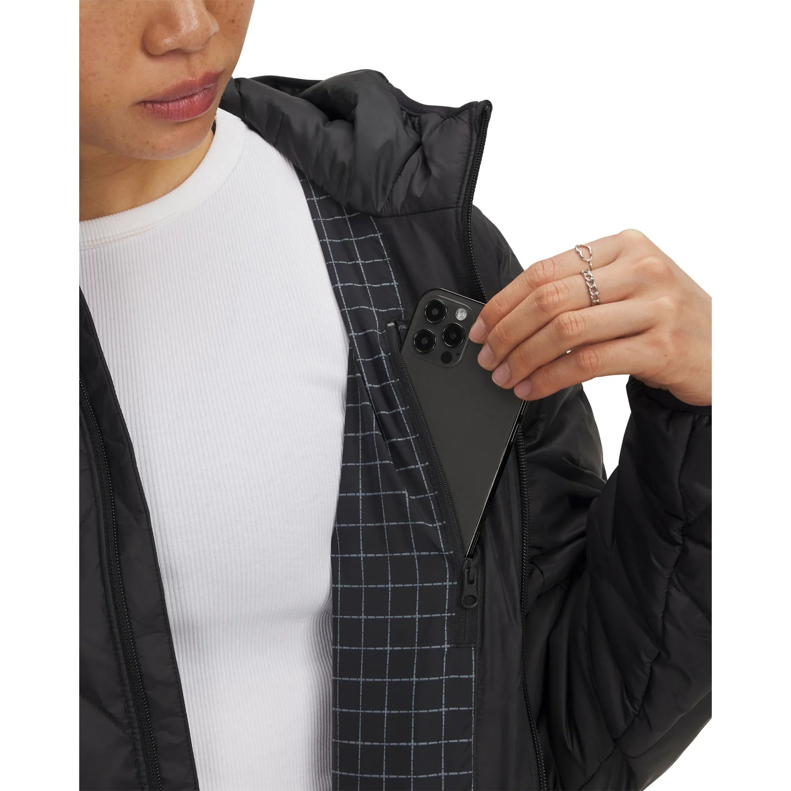 UA Legend Down women's jacket Black / Castlerock - internal pocket