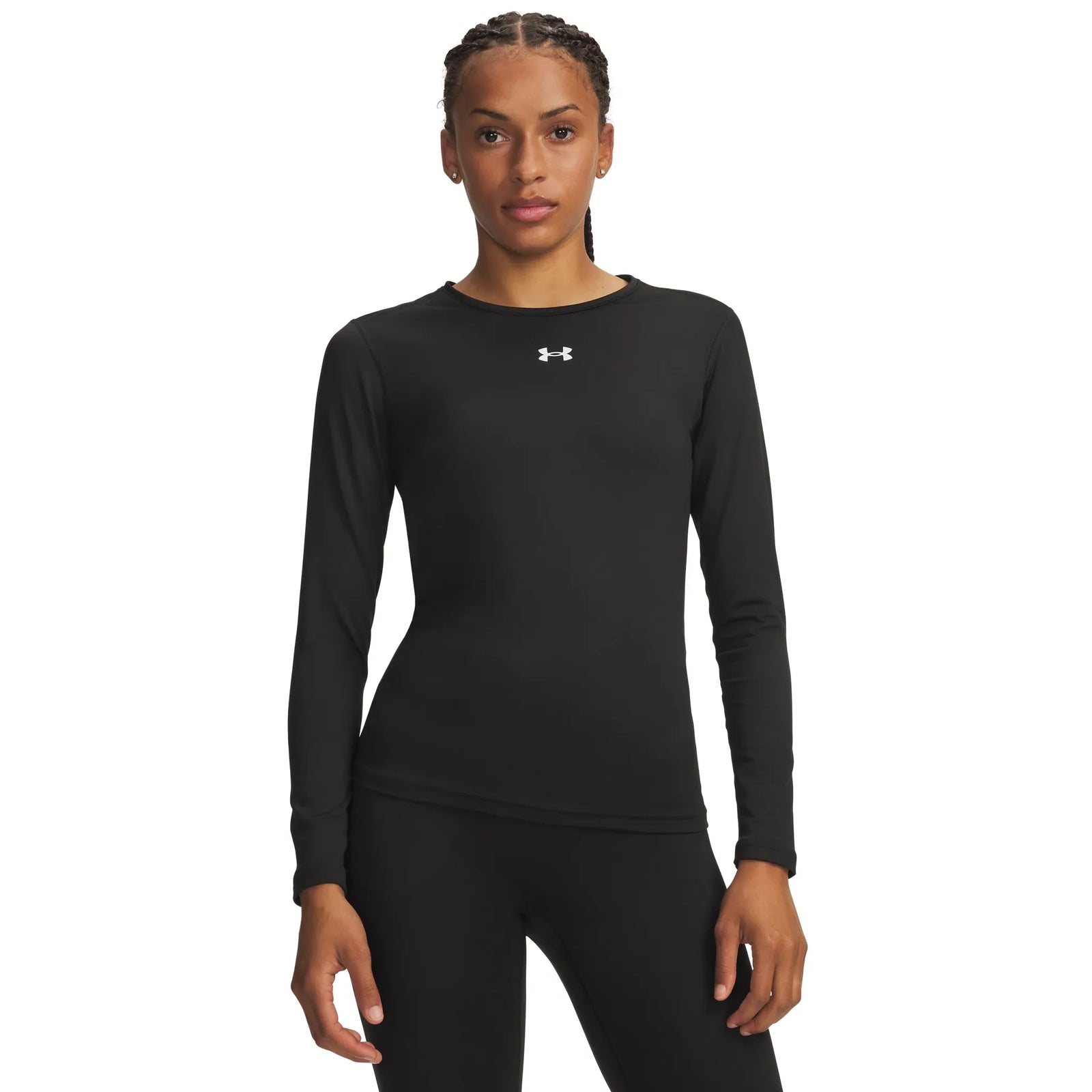 Under Armour ColdGear crew in Ultimate Black / White for women – front view