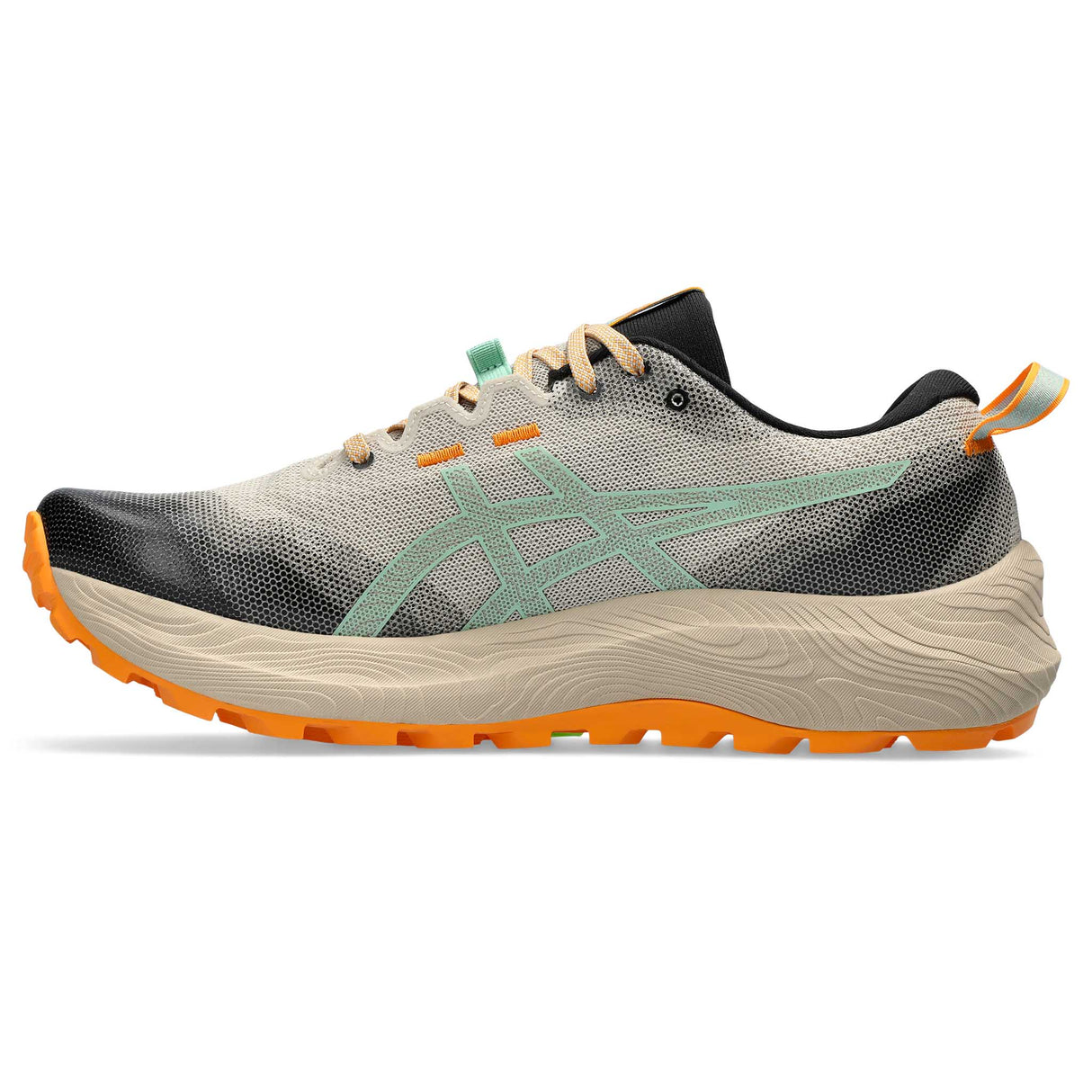 ASICS Gel-Trabuco 12 souliers de course sur sentier homme lateral- Feather Grey / Dark Mint