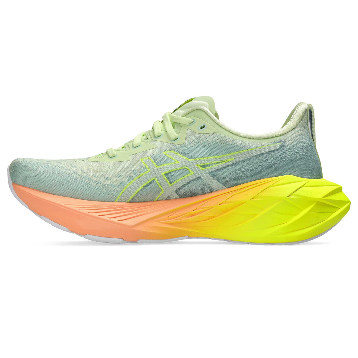 ASICS Novablast 4 Paris souliers de course homme lateral -Cool Matcha / Safety Yellow