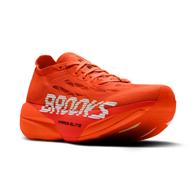 Brooks Hyperion Elite 6 soulier de course à pied unisexe, coloris Tigerlily / Red / White — vue de trois-quarts avant
