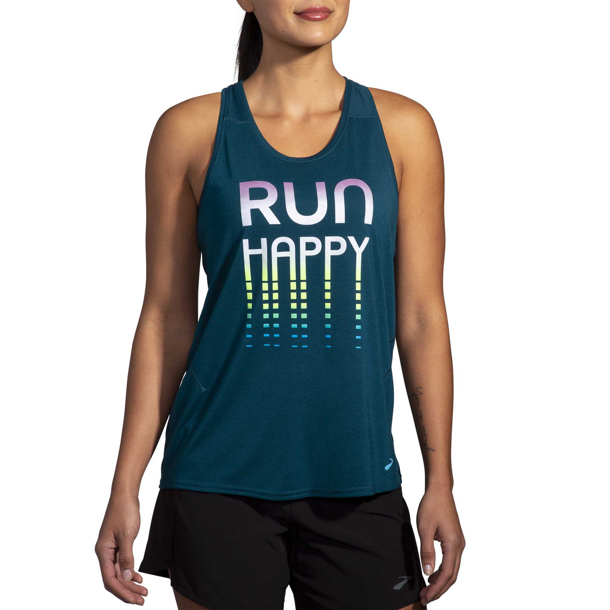 Brooks Distance 3.0 tank top course femme face- Ocean Drive / Run Happy