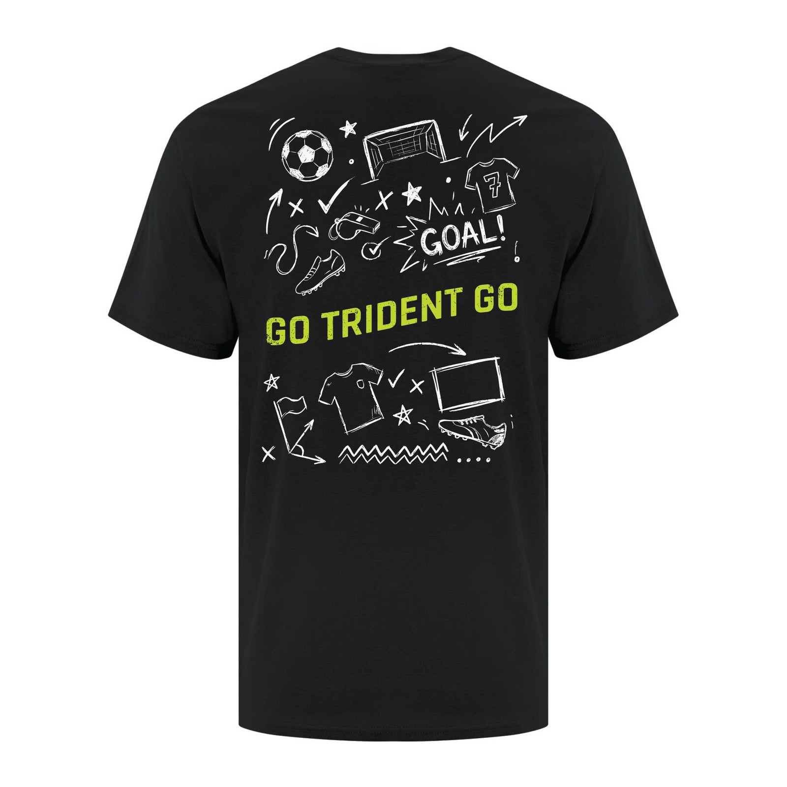 Dos du t-shirt Fan CS Trident noir avec l'imprimé « GO TRIDENT GO » et des motifs de soccer