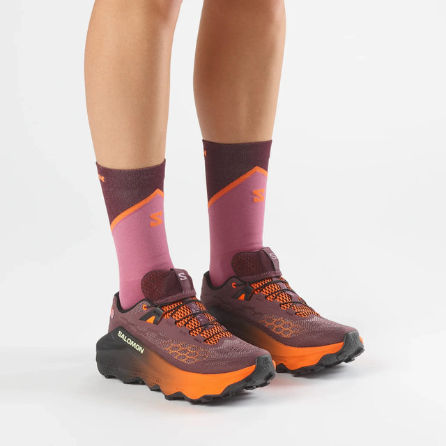 Salomon Ultra Glide 4 trail running shoes for women – Huckleberry / Black / Red Orange (on-model view)