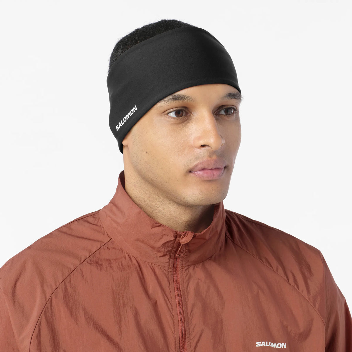 Salomon Run Tech unisex winter running headband - Deep Black - worn
