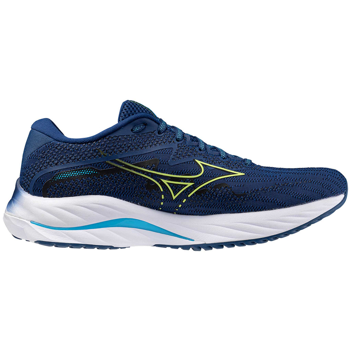 Mizuno Wave Rider 27 chaussures de course à pied homme lateral- Navy Peony / Sharp Green