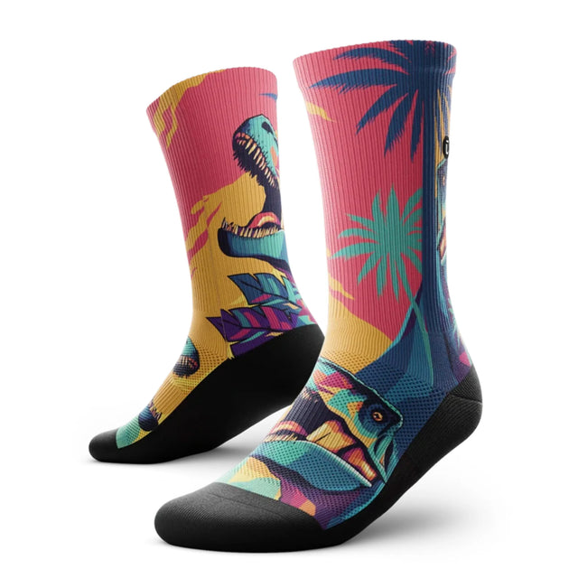 Outway Prehistoric Crew unisex running sock - Pink / Blue - pair, three-quarter view