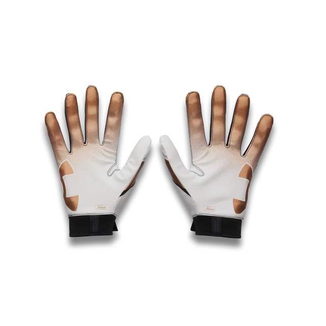 UA Blur gants de football américain pour homme - White / Black / Metallic Copper Ore