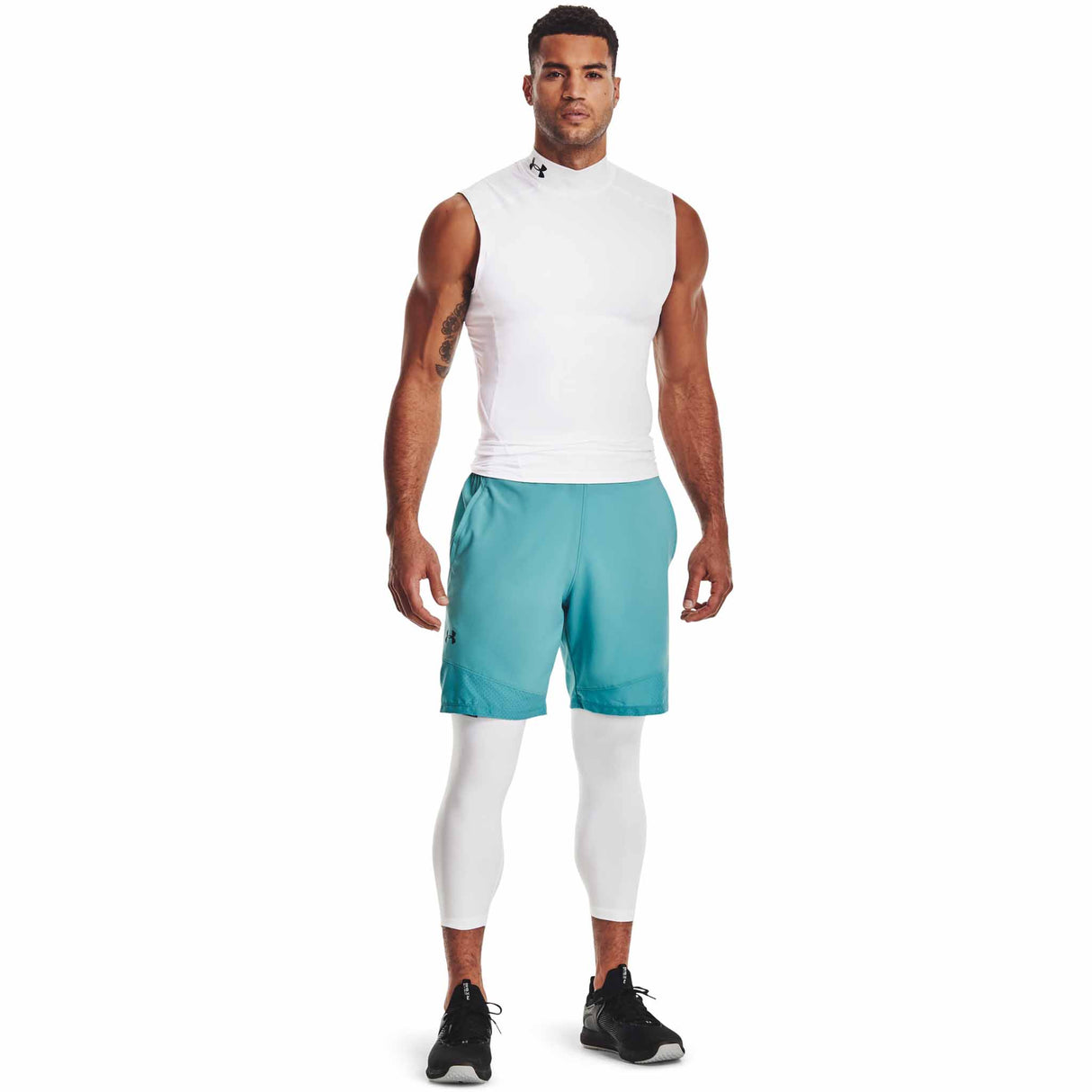 UA HeatGear Armour Leggings 3/4 pantalons de compression pour homme - Blanc / Noir