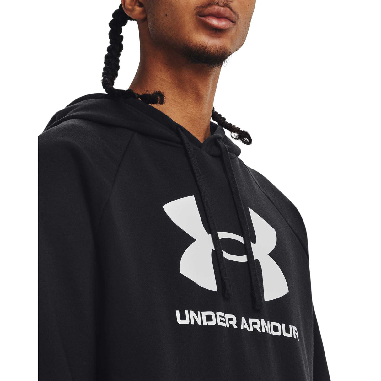 UA Rival Fleece Logo Hoodie sweatshirt à capuchon homme detail- noir / blanc