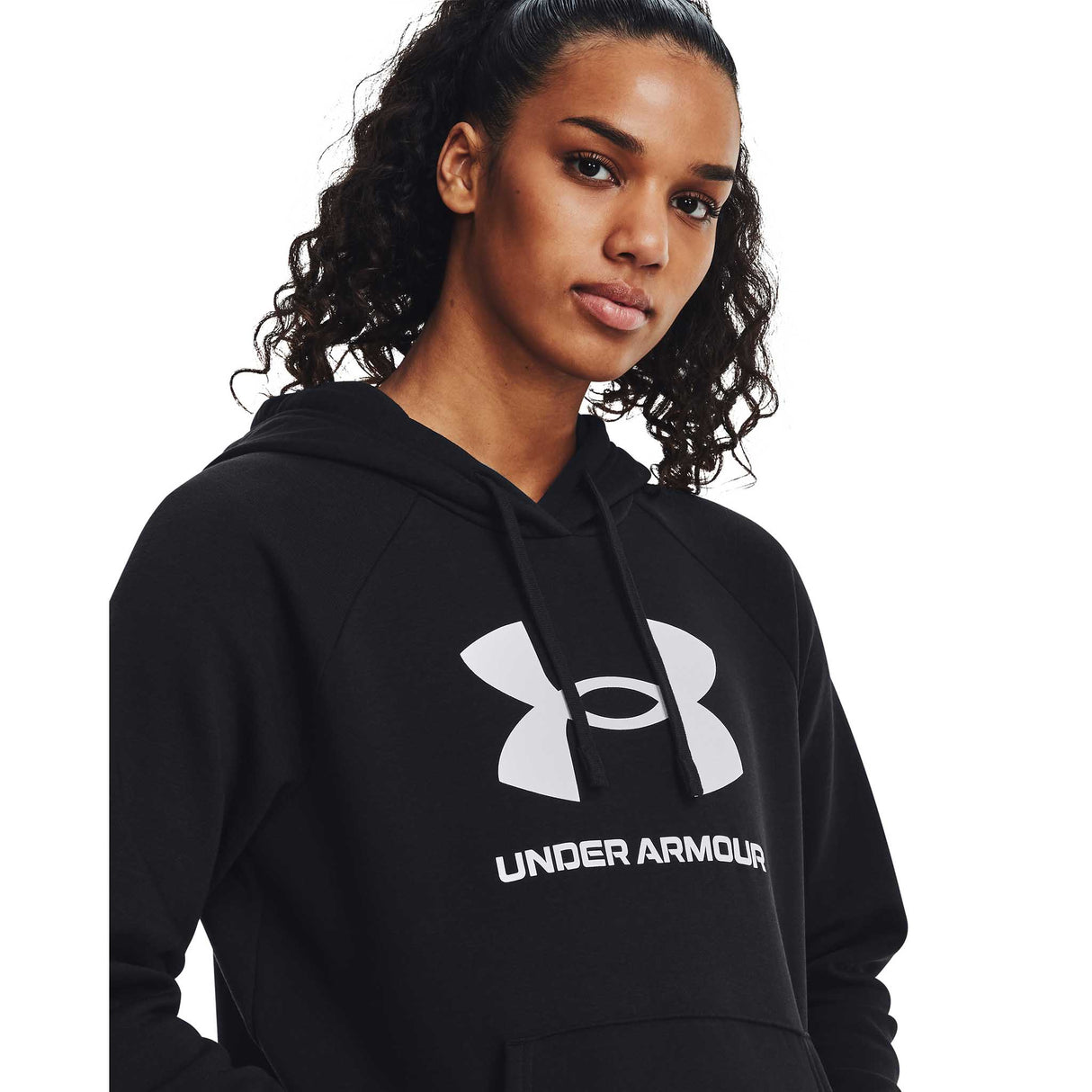 UA Rival Fleece Big Logo Hoodie chandail en molleton à capuche femme detail- noir / blanc