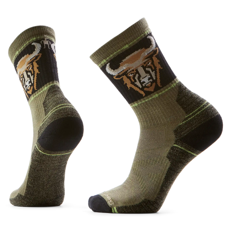 Smartwool Bison men's merino wool hiking crew sock in winter moss with bison head motif
