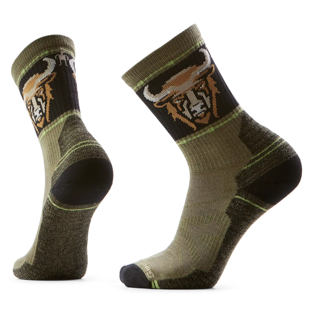 Smartwool Bison men's merino wool hiking crew sock in winter moss with bison head motif