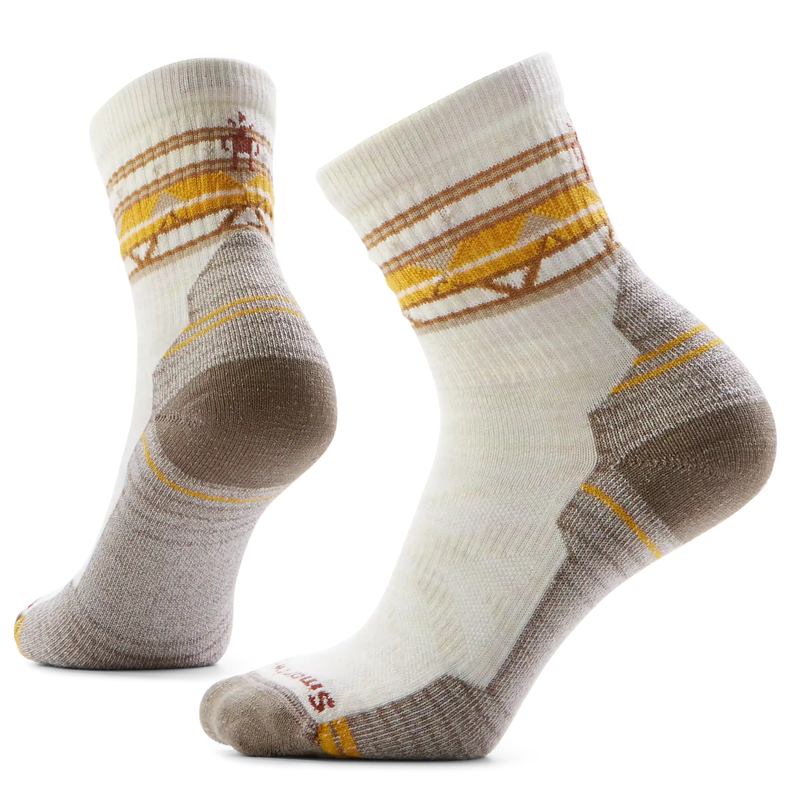 Mi-chaussette de randonnée Smartwool Fox Meadow pour femme en laine mérinos, coloris taupe naturel avec motif renard et montagnes