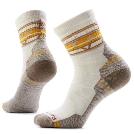 Smartwool Fox Meadow women's merino wool hiking mid-crew sock in natural taupe with fox and mountain motif