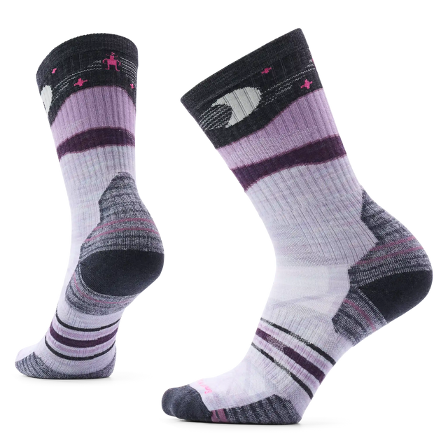 Smartwool Lunar Trek women's merino wool hiking crew sock in purple eclipse with loon and moon motif