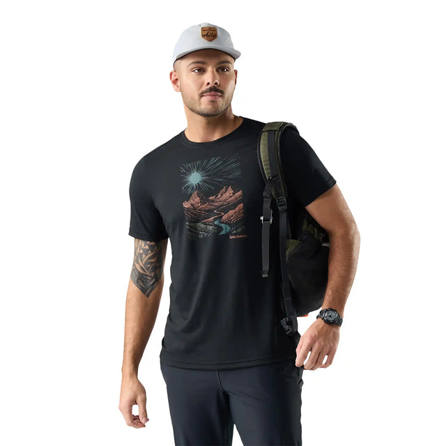 Smartwool Wander Valley men's merino wool short-sleeve graphic tee in black — main image