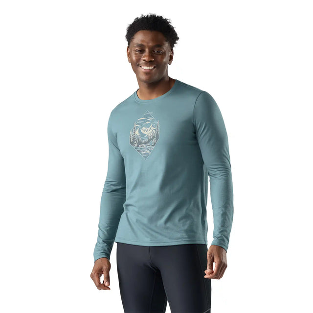 Smartwool Wander Valley men's merino wool long-sleeve graphic tee in dusty teal — main image