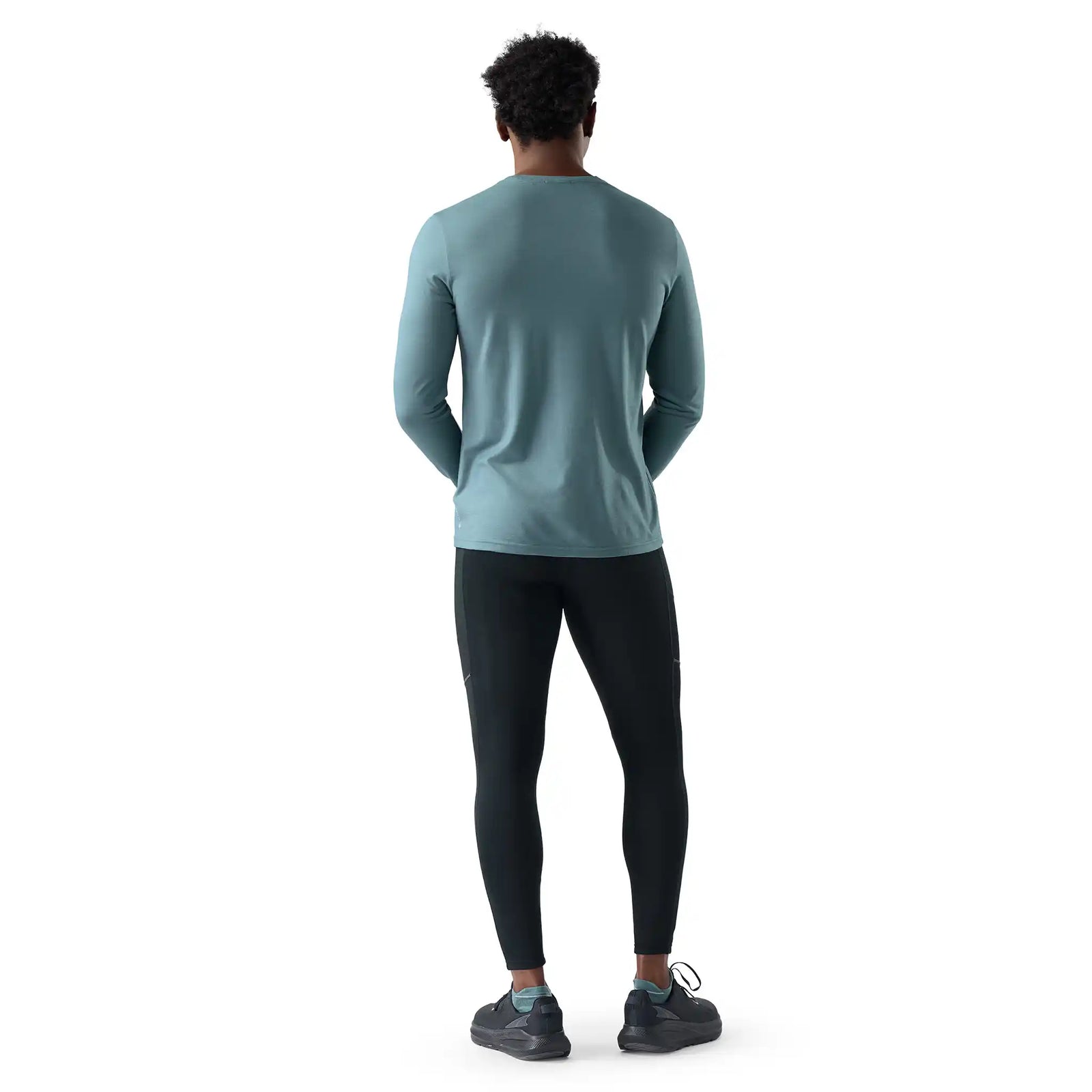 Smartwool Wander Valley men's merino wool long-sleeve graphic tee in dusty teal — additional view