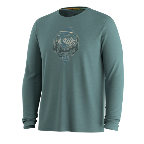 Smartwool Wander Valley men's merino wool long-sleeve graphic tee in dusty teal — additional view