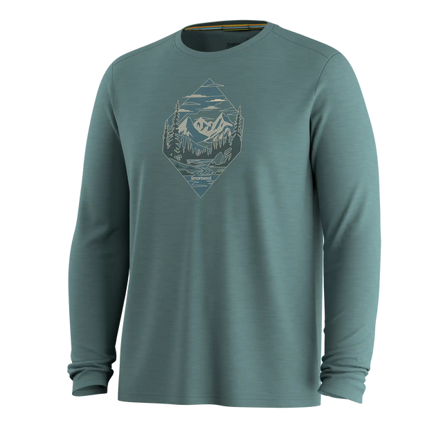 Smartwool Wander Valley men's merino wool long-sleeve graphic tee in dusty teal — additional view