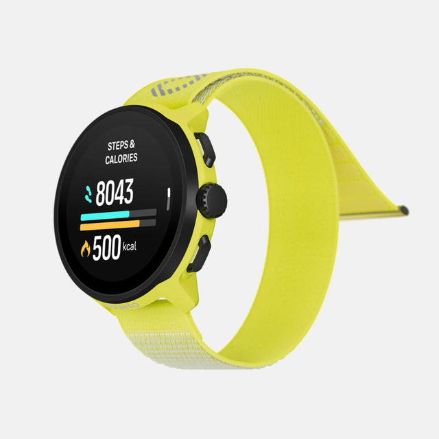 Montre GPS de course Suunto Run, coloris Lime (bracelet textile) — vue de trois-quarts droite