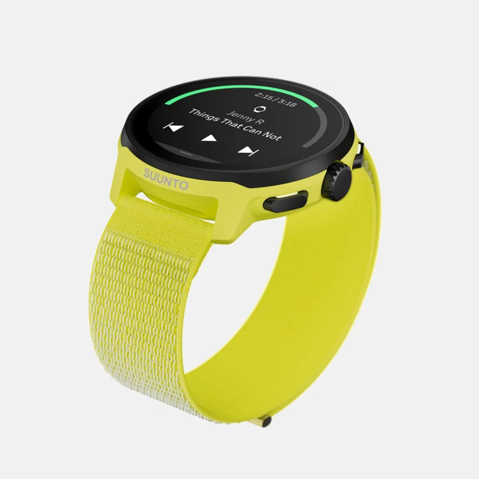Montre GPS de course Suunto Run, coloris Lime (bracelet textile) — vue de trois-quarts en plongée